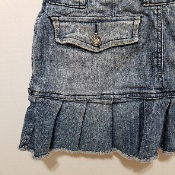 Hydraulic skirt 1/2 pleated denim jean mini frayed raw fringe hem distressed Y2K - Picture 10 of 13